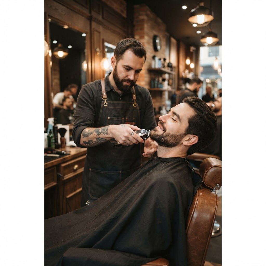 Barbero perfilando la barba de un cliente en una barbería moderna