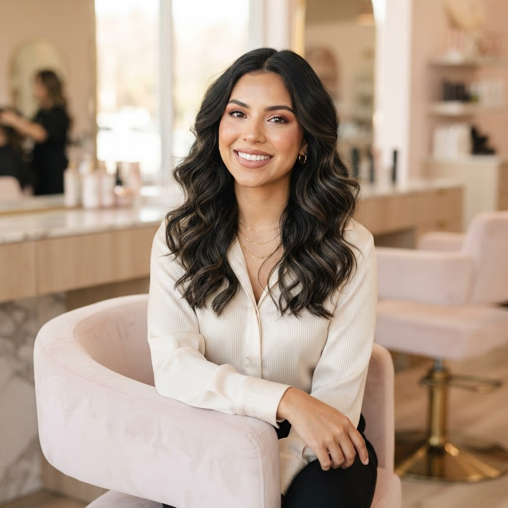 Clienta de GloVvy luciendo un peinado y maquillaje profesional en el salón