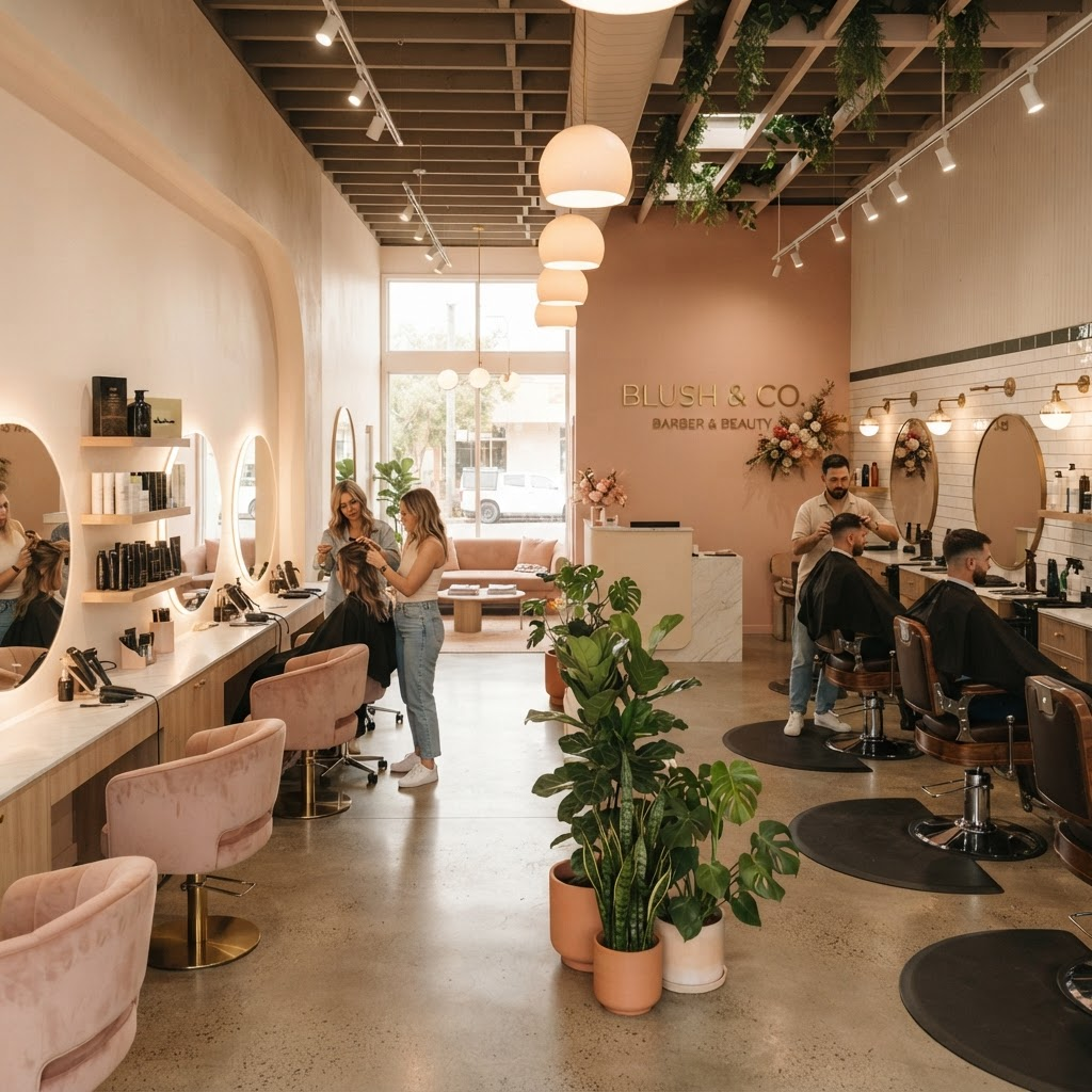 Interior de un salón de belleza y barbería moderno afiliado a GloVvy